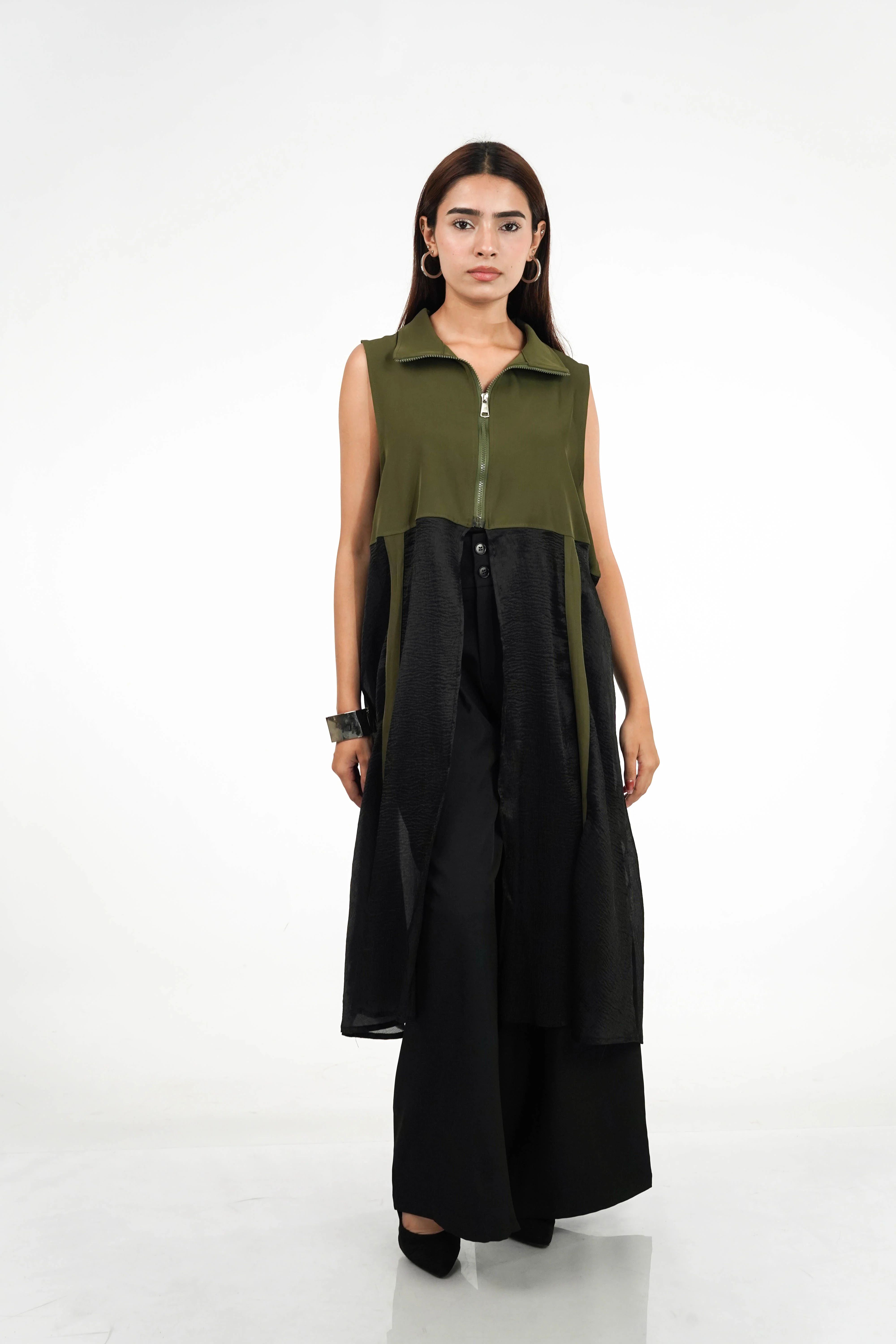 Army Green Zippered Longline Top