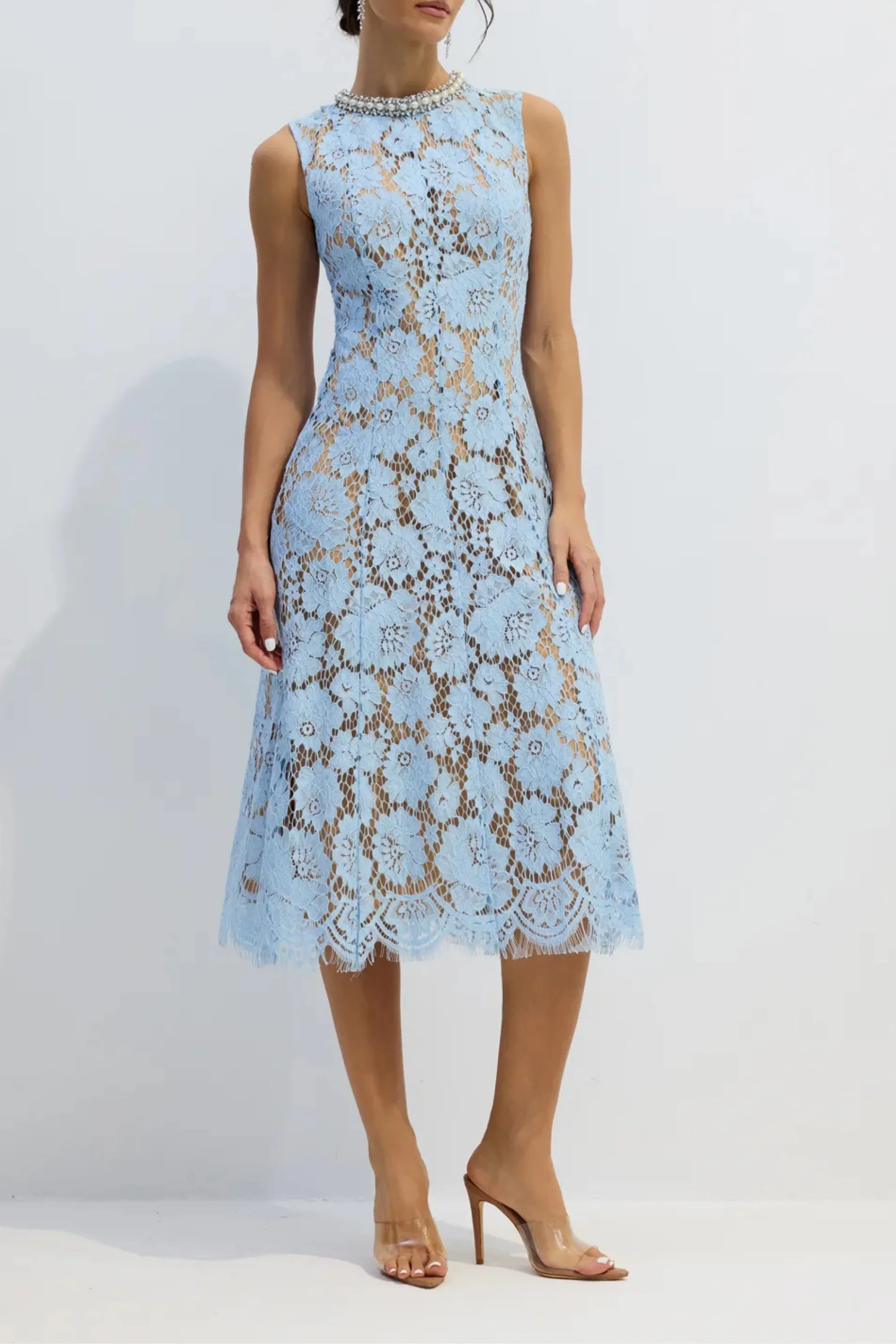 Soft Blue Floral Lace Sleeveless Midi Dress
