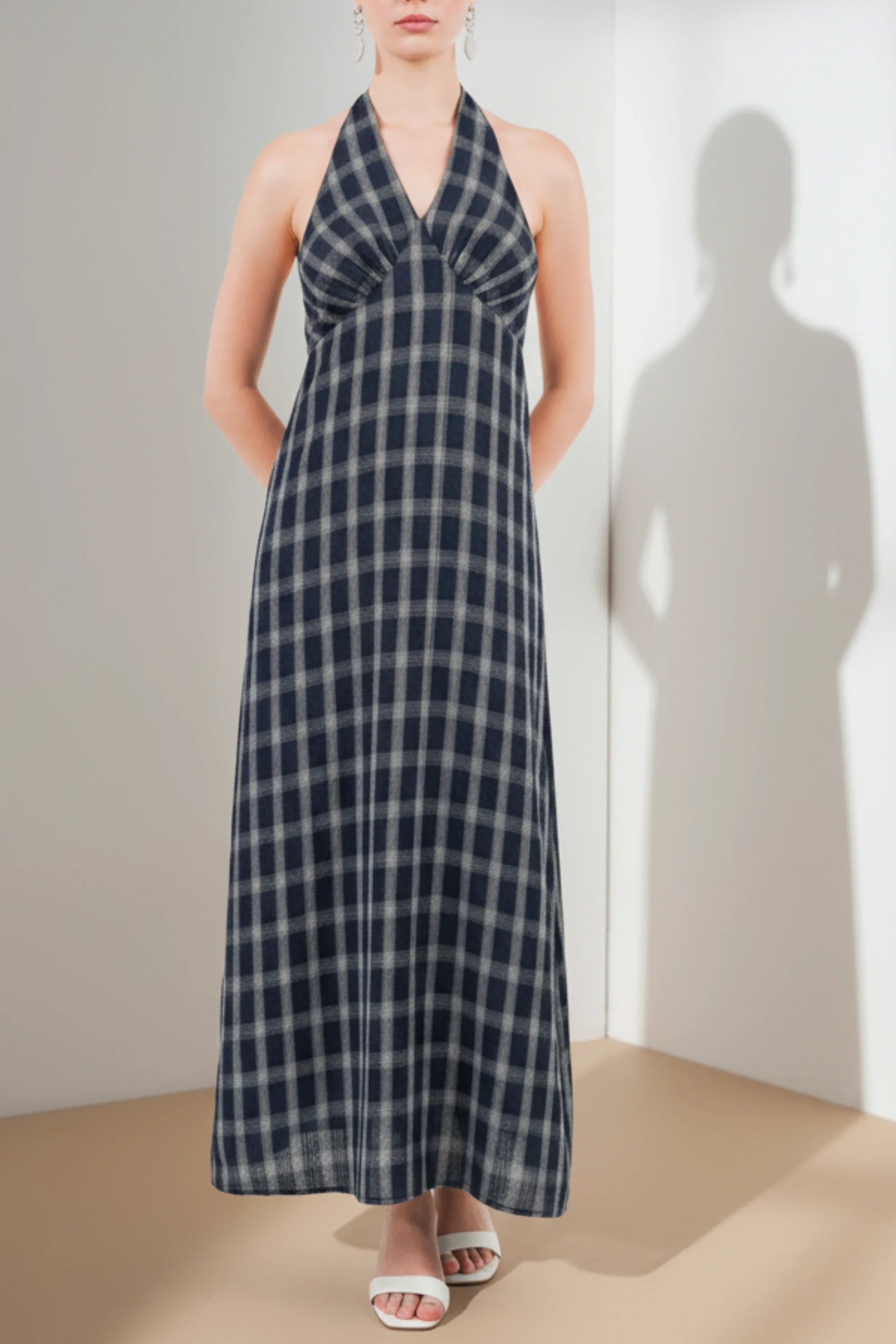 Blue Plaid Tie-Back Maxi Dress