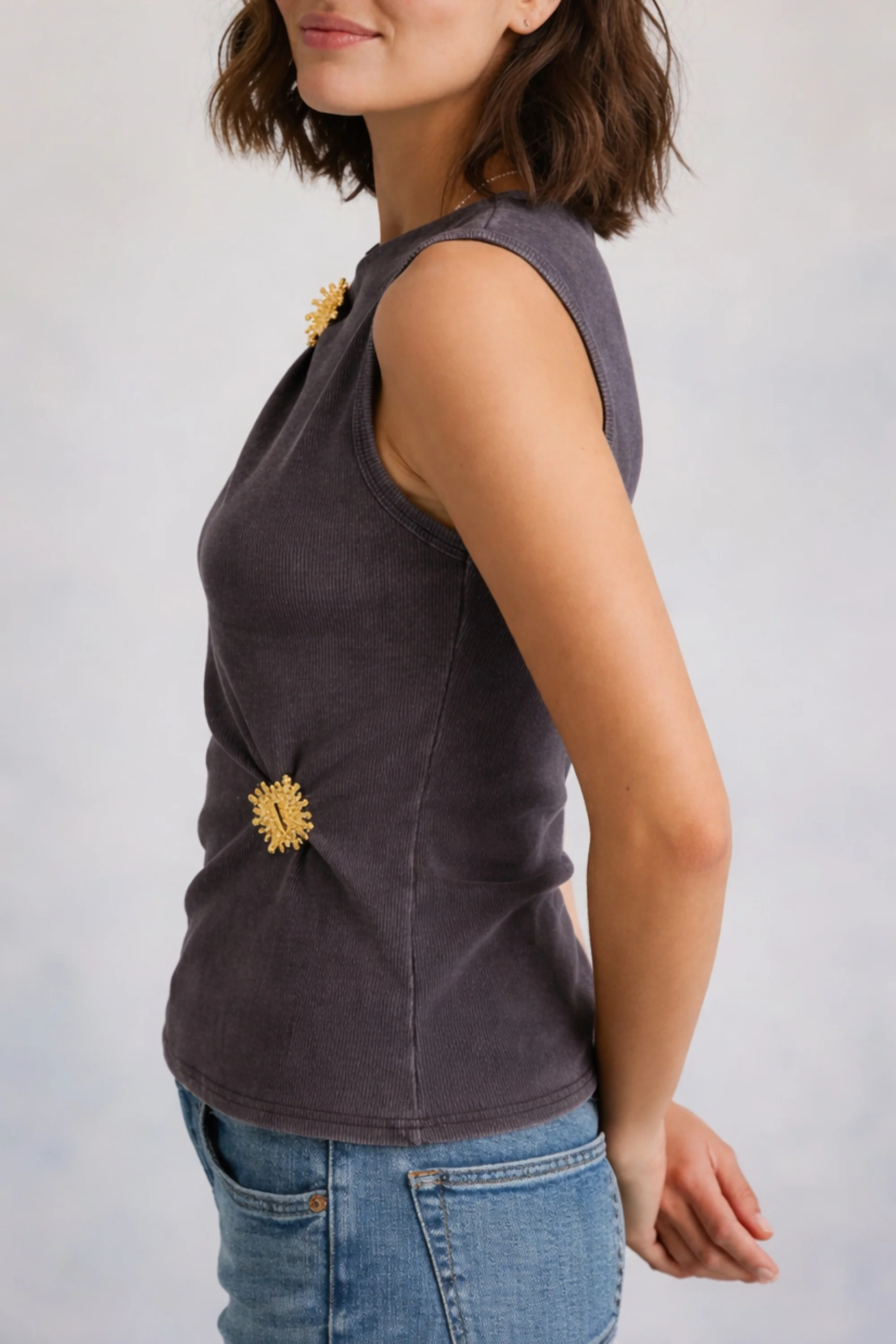 Brown Sleeveless  Top with Gold Accent
