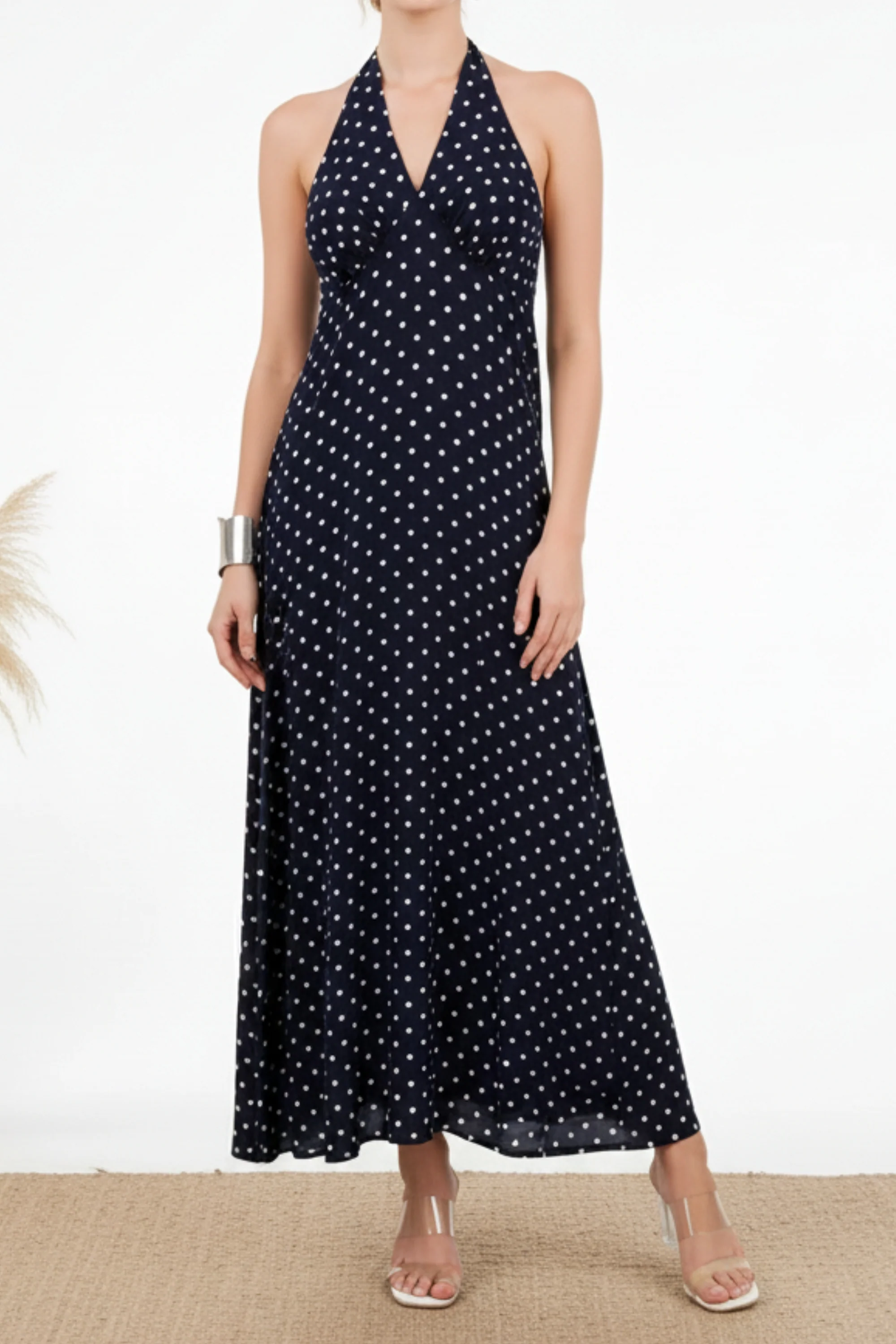 Navy Blue Polka Dot Halter Maxi Dress