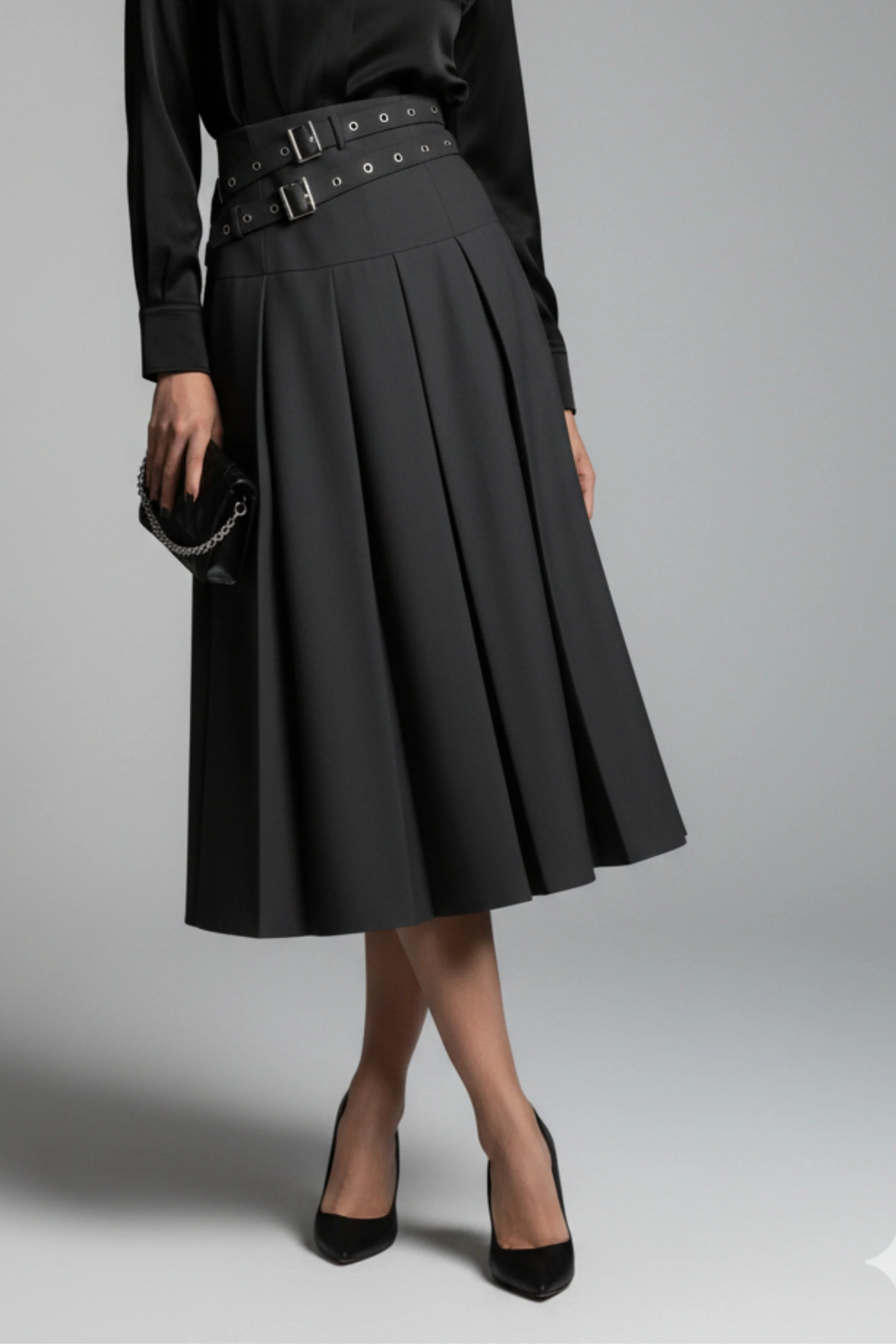 Gray Dual Belt Pleat Skirt